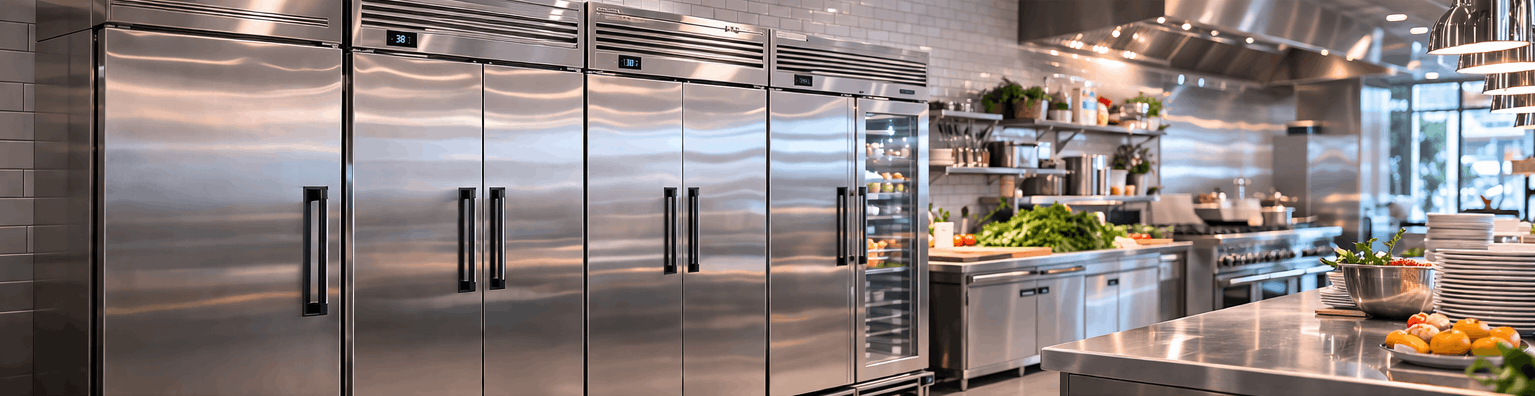 Commercial kitchen with stainless steel reach-in refrigerators
