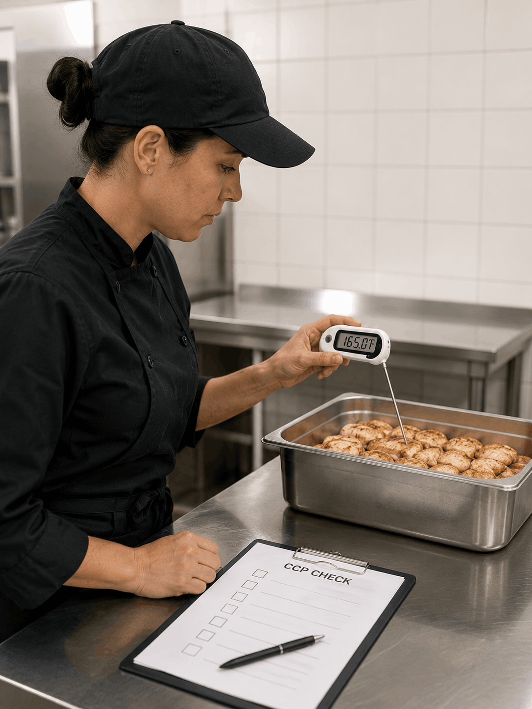 Staff checking critical control points and safe temperature limits