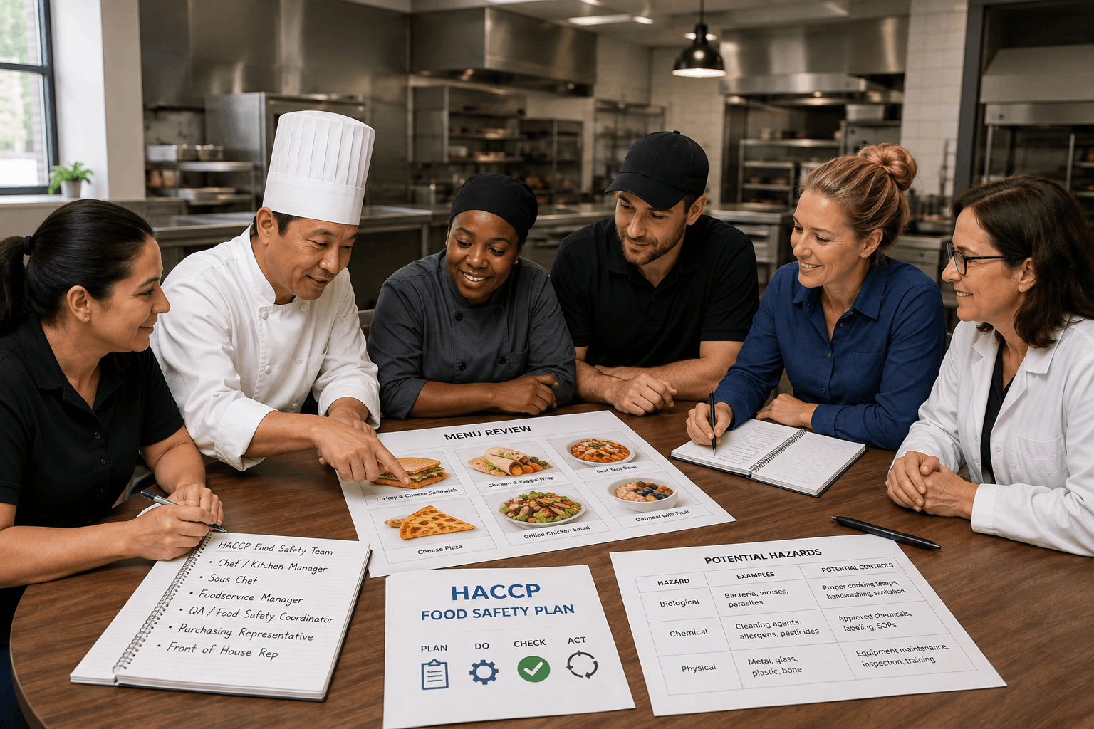 Foodservice team building a HACCP food safety team and reviewing menu items